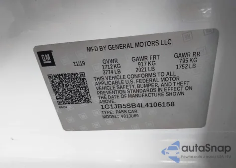 2020 Chevrolet Sonic Fwd Ls z USA, uszkodzony, nr VIN 1G1JB5SB4L4106158